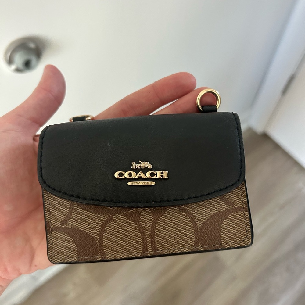 Coach Mini Signature Crossbody with Black Leather Flap and Brown Monogram